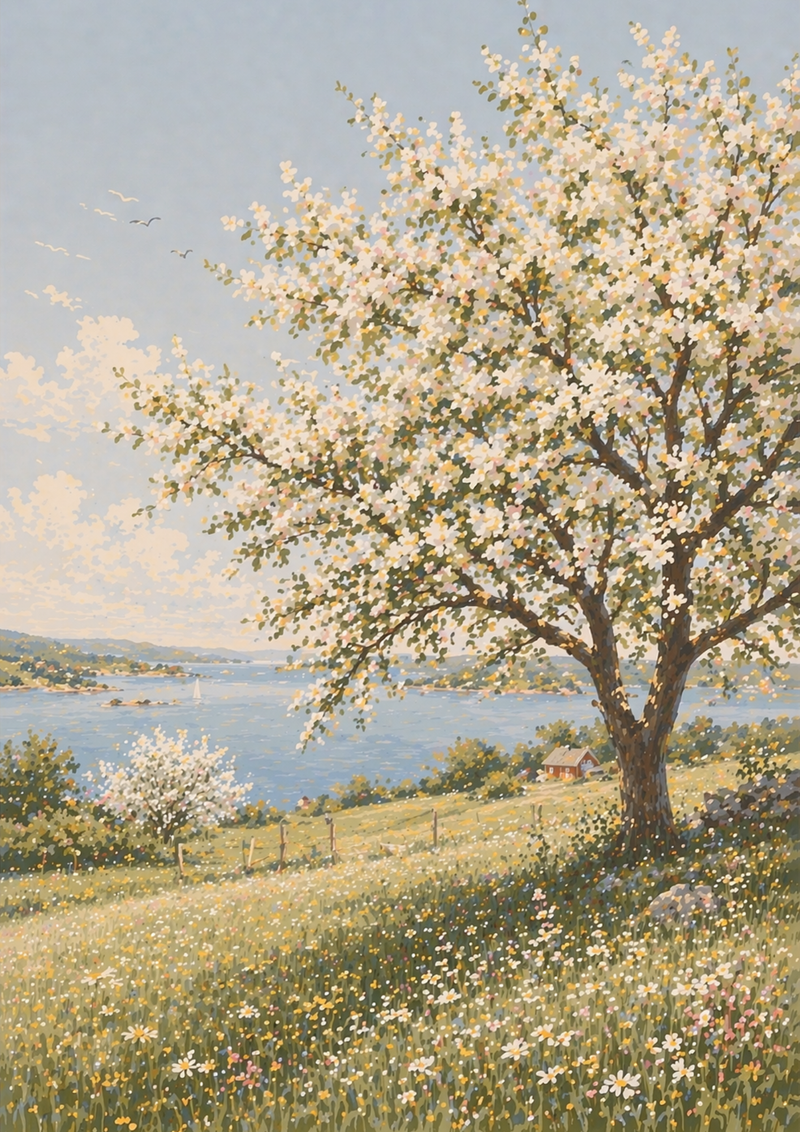 Blommande Träd Poster – Sommarlandskap vid Havet