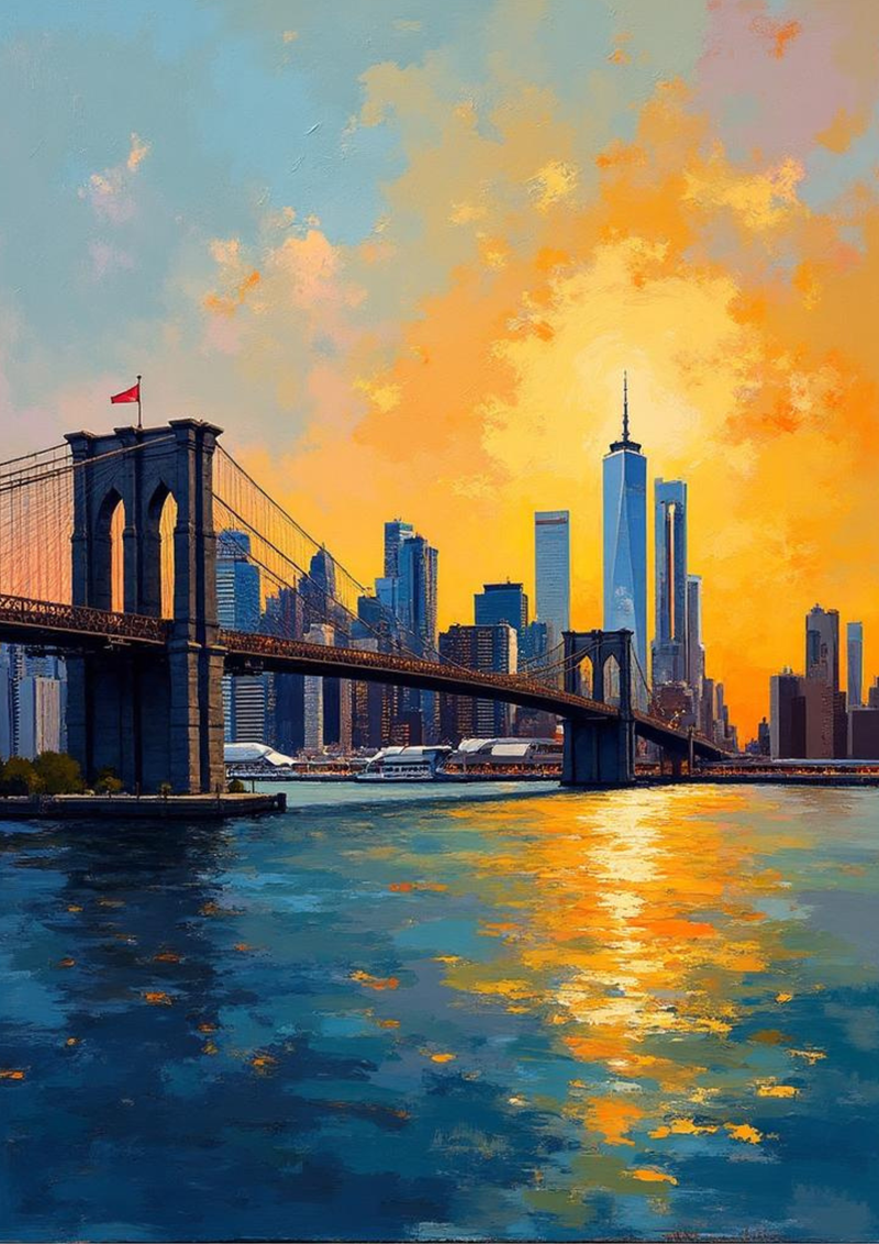New York Stadssilhuett Poster – Bro & Skyline i Gyllene Solnedgång