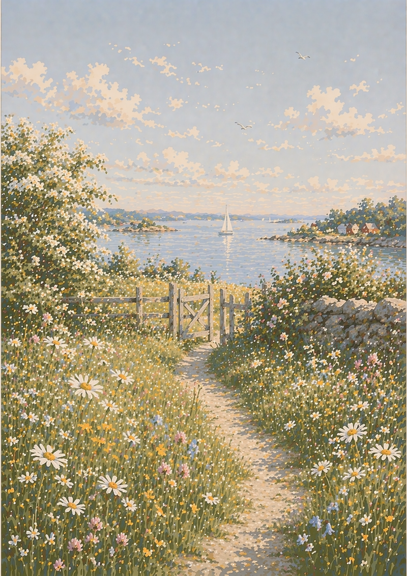Kuststig med Vildblommor Poster – Harmoniskt Havslandskap för Vägg
