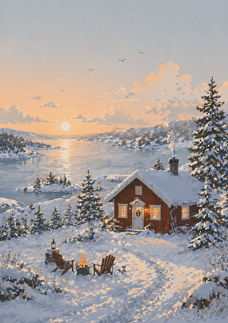 Vinter Poster – Stuga vid Sjö i Kvällsljus